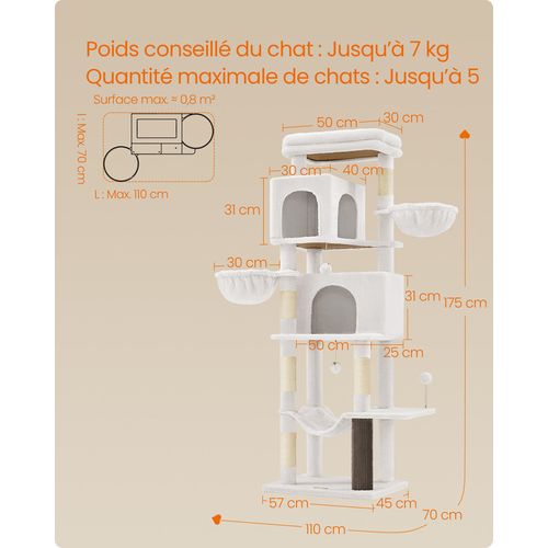 Grand Arbre à Chat, Avec 2 Niches, 2 Paniers, 5 Griffoirs, Toilettage Autonome, Hamac, Blanc Crème