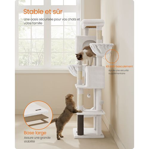 Grand Arbre à Chat, Avec 2 Niches, 2 Paniers, 5 Griffoirs, Toilettage Autonome, Hamac, Blanc Crème