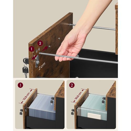 Caisson De Bureau à Roulettes, Verrouillable, Avec 2 Tiroirs, 5 Roulettes, Marron Rustique Et Noir