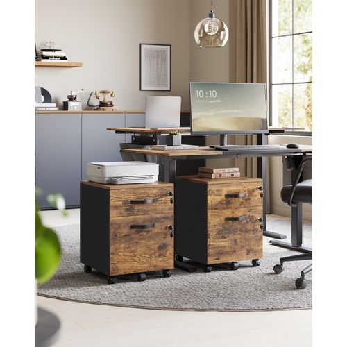 Caisson De Bureau à Roulettes, Verrouillable, Avec 2 Tiroirs, 5 Roulettes, Marron Rustique Et Noir