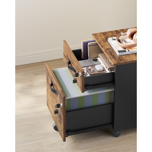 Caisson De Bureau à Roulettes, Verrouillable, Avec 2 Tiroirs, 5 Roulettes, Marron Rustique Et Noir
