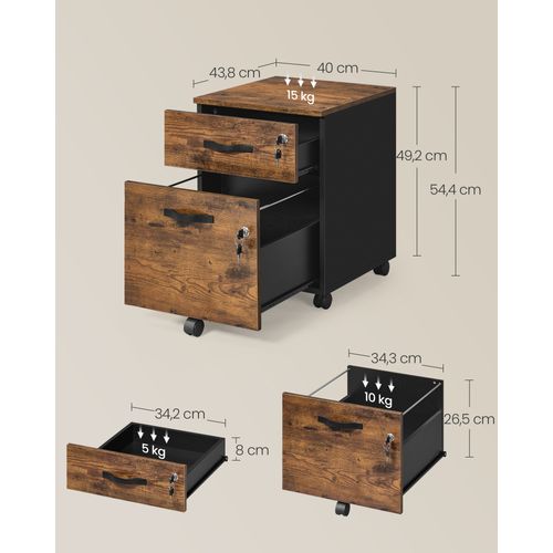Caisson De Bureau à Roulettes, Verrouillable, Avec 2 Tiroirs, 5 Roulettes, Marron Rustique Et Noir