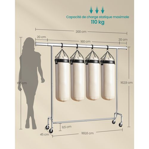 Portant à Vêtements Avec Roulettes, Tringle Extensible, 45 X (160-200) X 162,9 Cm, Argent