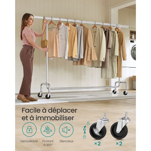 Portant à Vêtements Avec Roulettes, Tringle Extensible, 45 X (160-200) X 162,9 Cm, Argent