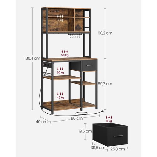 Étagère De Cuisine Avec Multiprise, Bar à Café Avec Étagères Réglables, 40 X 80 X 180,4 Cm, Marron