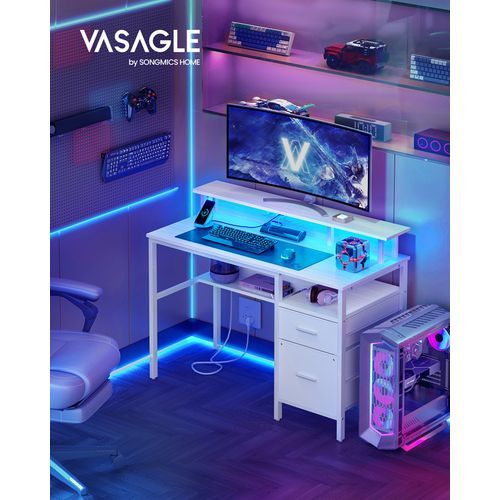 Bureau Gaming, Avec Tiroirs En Tissu, Avec Support D'écran, Lumières LED, Multiprise, 2 Ports USB