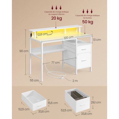 Bureau Gaming, Avec Tiroirs En Tissu, Avec Support D'écran, Lumières LED, Multiprise, 2 Ports USB