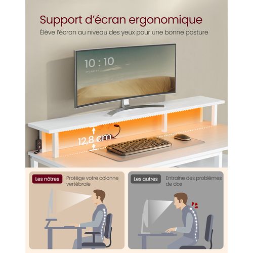 Bureau Gaming, Avec Tiroirs En Tissu, Avec Support D'écran, Lumières LED, Multiprise, 2 Ports USB