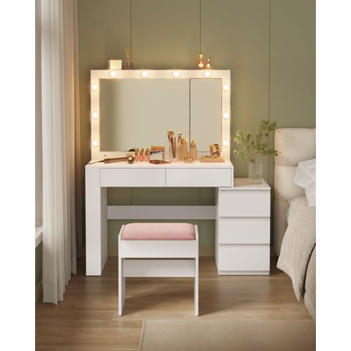 Coiffeuse, Avec Tabouret, Avec Éclairage LED Et Miroir, Multiprise, 40 X 125 X 140 Cm, Blanc Et Rose
