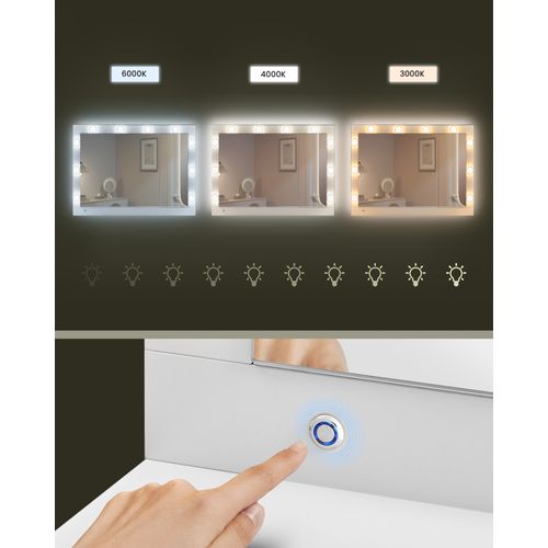 Coiffeuse, Avec Tabouret, Avec Éclairage LED Et Miroir, Multiprise, 40 X 125 X 140 Cm, Blanc Et Rose