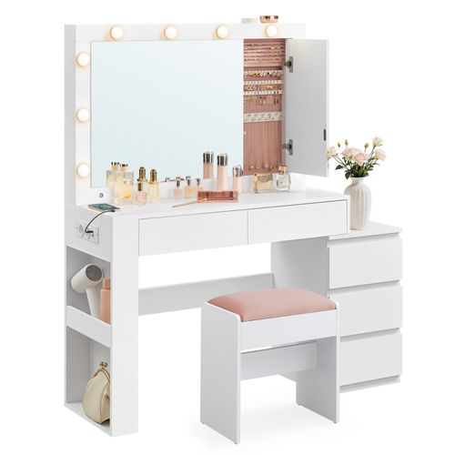 Coiffeuse, Avec Tabouret, Avec Éclairage LED Et Miroir, Multiprise, 40 X 125 X 140 Cm, Blanc Et Rose