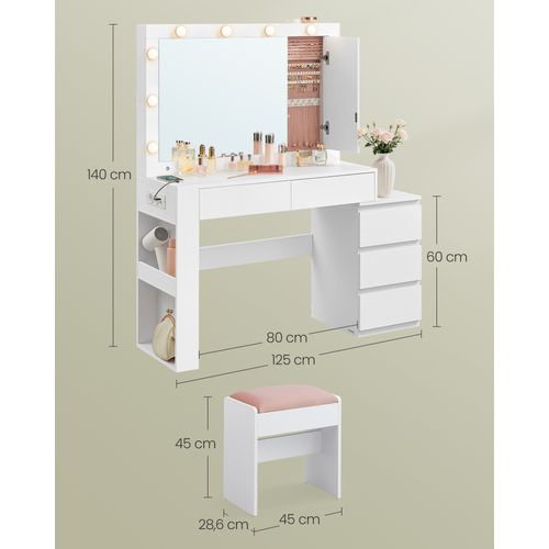 Coiffeuse, Avec Tabouret, Avec Éclairage LED Et Miroir, Multiprise, 40 X 125 X 140 Cm, Blanc Et Rose