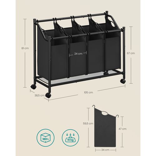 Panier à Linge Mobile, Corbeille Avec 4 Sacs Amovibles, Avec Roulettes, 4 X 45 L, Noir D'encre