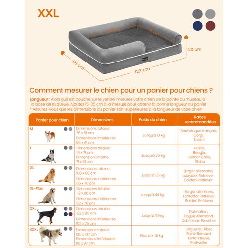 Panier Pour Chien, Bords Rehaussés, Housse Amovible Et Lavable, 120 X 85 X 20 Cm, Gris Clair