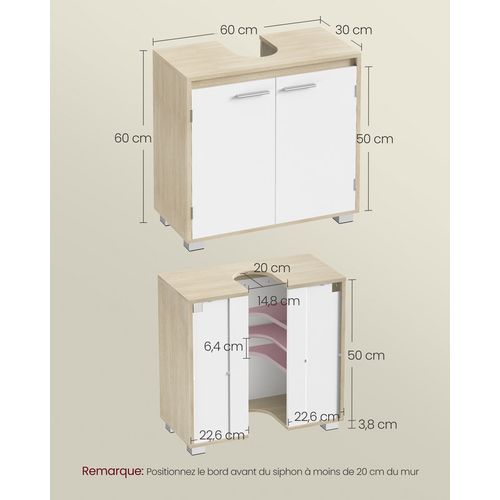 Meuble Sous Lavabo, 2 Compartiments Derrière Les Portes, Pour Divers Types De Lavabos, Beige