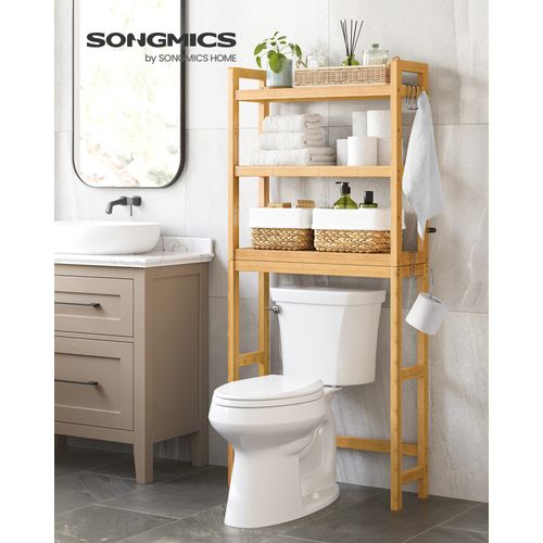 Étagère Wc, Rangement Au-dessus Des Toilettes, 3 Niveaux, Avec Étagère Réglable, Beige Naturel