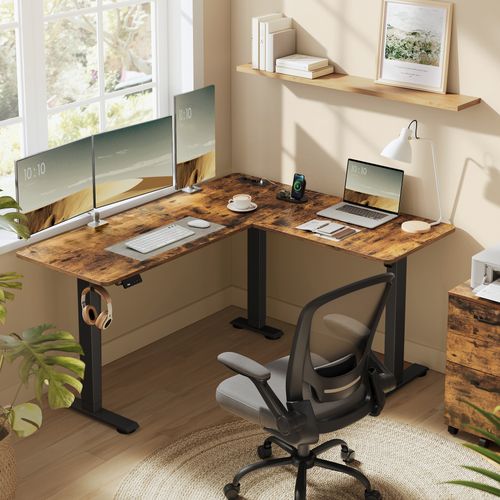 Bureau Électrique Réglable En Hauteur, Table D’angle En L, 140 X 160 Cm, Marron Et Noir