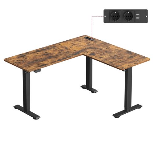 Bureau Électrique Réglable En Hauteur, Table D’angle En L, 140 X 160 Cm, Marron Et Noir