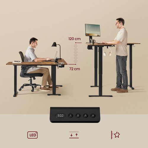 Bureau Électrique Réglable En Hauteur, Table D’angle En L, 140 X 160 Cm, Marron Et Noir