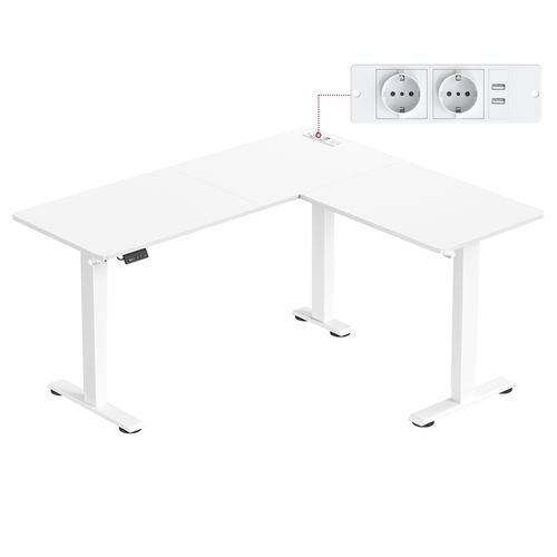 Table D’angle En L, 140 X 160 Cm, Avec Multiprise, 2 Hauteurs, Blanc Nuage Et Blanc Mat