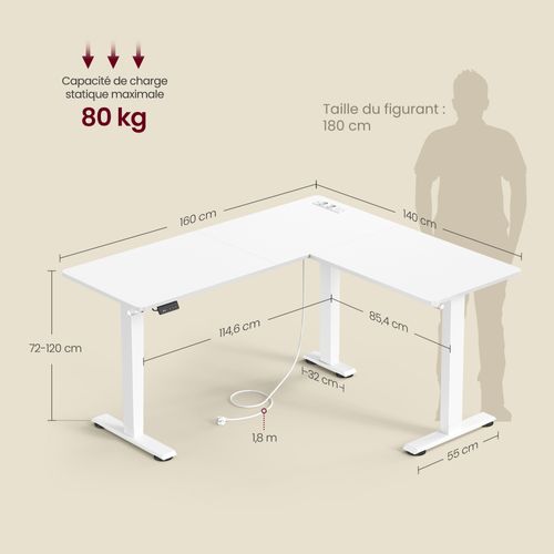 Table D’angle En L, 140 X 160 Cm, Avec Multiprise, 2 Hauteurs, Blanc Nuage Et Blanc Mat