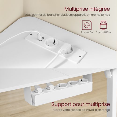 Table D’angle En L, 140 X 160 Cm, Avec Multiprise, 2 Hauteurs, Blanc Nuage Et Blanc Mat