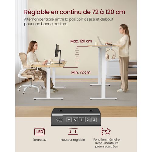 Bureau Électrique Réglable En Hauteur, Cadre De Bureau Assis-debout, Avec 2 Crochets, Blanc Mat