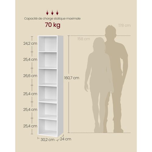 Bibliothèque, Étagère Sur 6 Niveaux, Meuble De Rangement Ouvert, Étagère, 24 X 30,2 X 160,7 Cm