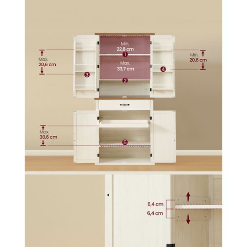 Buffet Haut Cuisine, Style Ferme, Hauteur 178,6 Cm, Avec Portes, Tiroir, Étagères Réglables, Blanc
