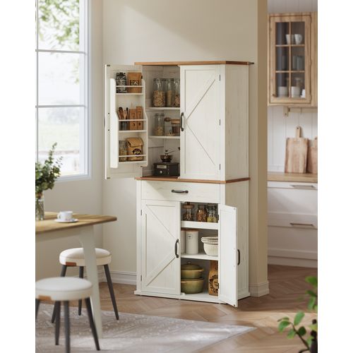 Buffet Haut Cuisine, Style Ferme, Hauteur 178,6 Cm, Avec Portes, Tiroir, Étagères Réglables, Blanc