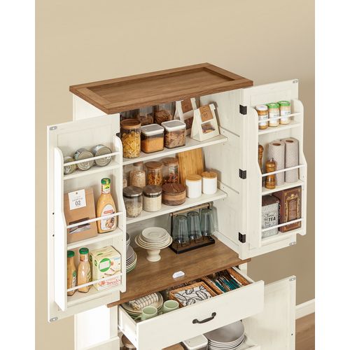 Buffet Haut Cuisine, Style Ferme, Hauteur 178,6 Cm, Avec Portes, Tiroir, Étagères Réglables, Blanc