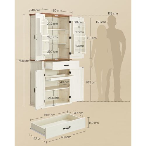 Buffet Haut Cuisine, Style Ferme, Hauteur 178,6 Cm, Avec Portes, Tiroir, Étagères Réglables, Blanc