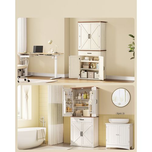 Buffet Haut Cuisine, Style Ferme, Hauteur 178,6 Cm, Avec Portes, Tiroir, Étagères Réglables, Blanc