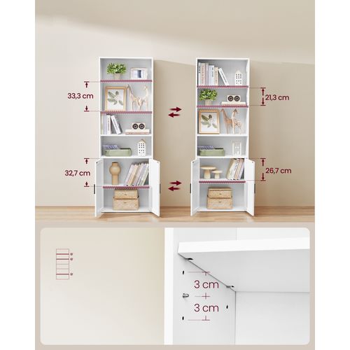 Bibliothèque, Étagère Haute Sur 6 Niveaux, Avec Portes, 24 X 60 X 175 Cm, Blanc Nuage