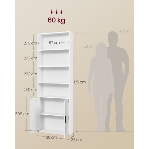Bibliothèque, Étagère Haute Sur 6 Niveaux, Avec Portes, 24 X 60 X 175 Cm, Blanc Nuage