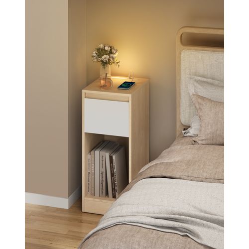 Table De Chevet Étroite, Avec Éclairage LED, 1 Port USB-a, 1 Port USB-c, Jaune Amande Et Blanc Nuage