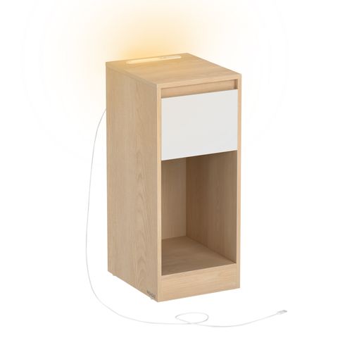 Table De Chevet Étroite, Avec Éclairage LED, 1 Port USB-a, 1 Port USB-c, Jaune Amande Et Blanc Nuage