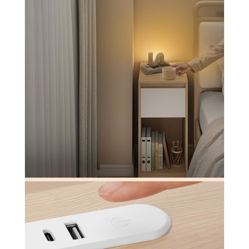 Table De Chevet Étroite, Avec Éclairage LED, 1 Port USB-a, 1 Port USB-c, Jaune Amande Et Blanc Nuage