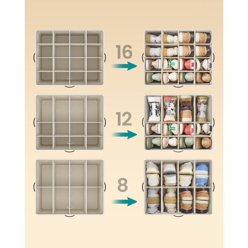 Organiseur De Chaussures, Pour 16 Paires, Avec Poignées, Couvercle Transparent, Modulable, Beige