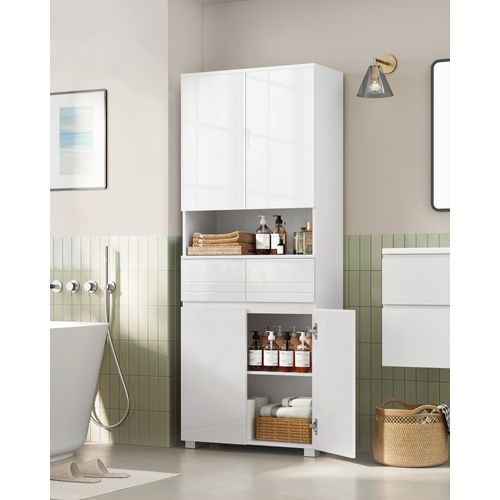 Colonne De Salle De Bain, Avec 2 Tiroirs, Étagères Réglables, Compartiments, 30 X 60 X 170 Cm, Blanc