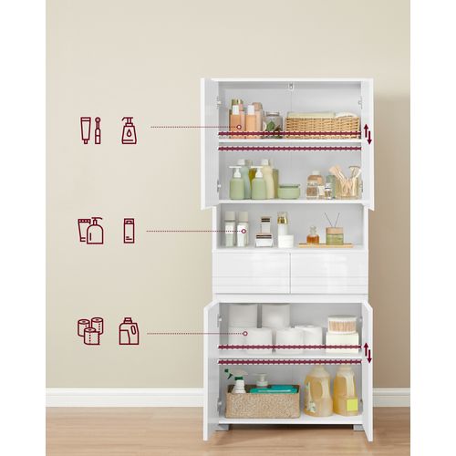 Colonne De Salle De Bain, Avec 2 Tiroirs, Étagères Réglables, Compartiments, 30 X 60 X 170 Cm, Blanc