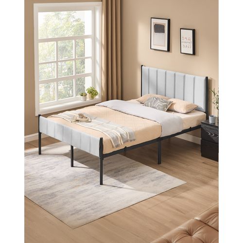 Cadre De Lit Double, 140 X 190 Cm, Avec Tête De Lit Rembourrée, Supporte Jusqu'à 500 Kg, Gris