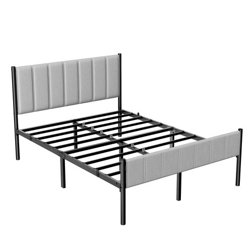 Cadre De Lit Double, 140 X 190 Cm, Avec Tête De Lit Rembourrée, Supporte Jusqu'à 500 Kg, Gris