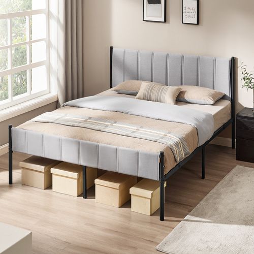 Cadre De Lit Double, 160 X 200 Cm, Avec Tête De Lit Rembourrée, Supporte Jusqu'à 500 Kg, Gris