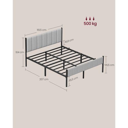 Cadre De Lit Double, 160 X 200 Cm, Avec Tête De Lit Rembourrée, Supporte Jusqu'à 500 Kg, Gris