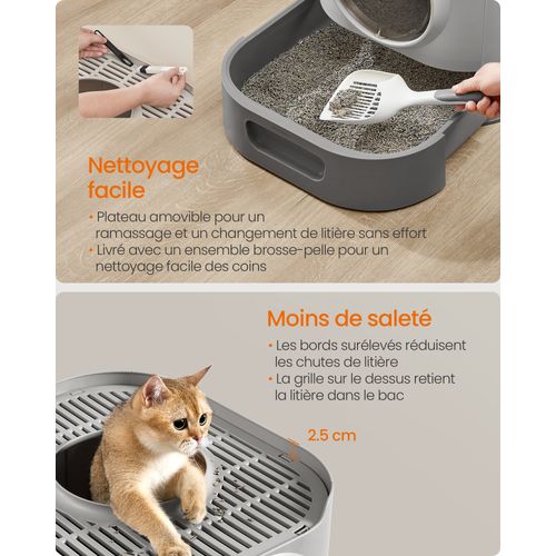 Bac à Litière, XXL, Avec Couvercle, Plateau Amovible, Pelle, Brosse, Fond Anti-fuite, Gris