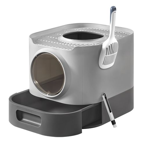 Bac à Litière, XXL, Avec Couvercle, Plateau Amovible, Pelle, Brosse, Fond Anti-fuite, Gris