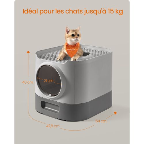 Bac à Litière, XXL, Avec Couvercle, Plateau Amovible, Pelle, Brosse, Fond Anti-fuite, Gris