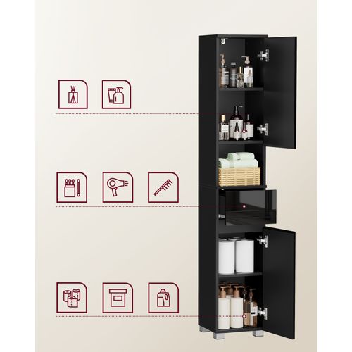 Colonne De Salle De Bain, Avec Tiroir, Étagères Réglables, Compartiments, 30 X 30 X 170 Cm, Noir