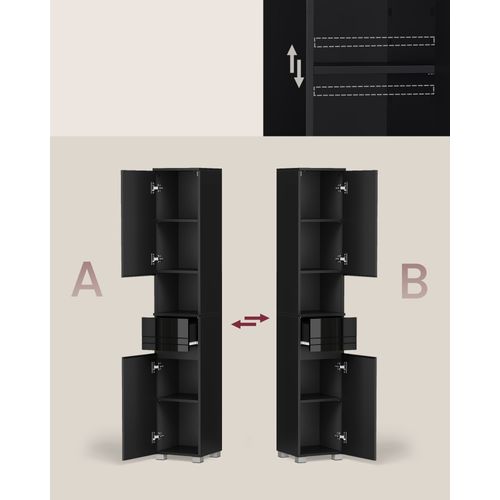 Colonne De Salle De Bain, Avec Tiroir, Étagères Réglables, Compartiments, 30 X 30 X 170 Cm, Noir